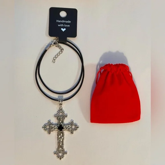 Gothic Black  Crystal Cross Charm Necklace Floral Design Big Punk Goth Retro New - Picture 9 of 9